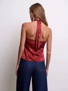 Nöista Polka Dot Halter Top With Lace Trim, Going Out Top For Women, Vacation Outfit, Party Style Aesthetic Chic - Burgundy - View 2