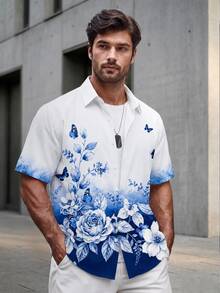 Manfinity Homme 男士大尺碼花卉蝴蝶印花短袖襯衫，休閒百搭日常襯衫 - 白色 - 查看 6