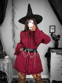 Whyspr Dark Gothic Light Punk Y2K Ruffle Lace Trim Cross Pendant Flared Sleeve Fitted Plus Size Women's Halloween Dress Fall - Red - View 7