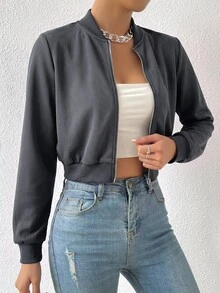 SHEIN EZwear 春季服飾 素色拉鍊短版飛行夾克 - 深灰色 - 查看 6
