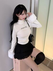 FRIFUL Women's Letter Embroidered High Neck Patchwork Fur Cuff Sweater - White - View 5