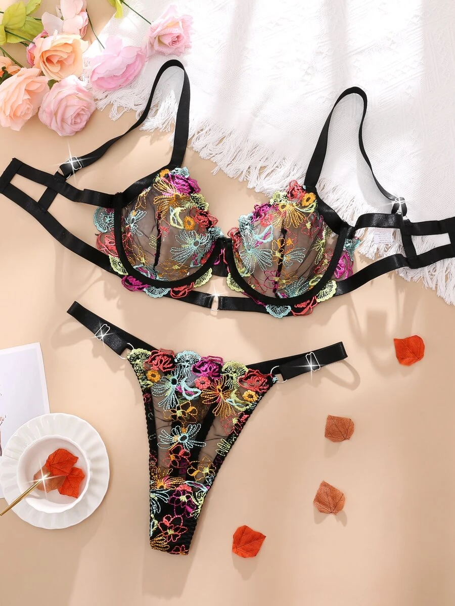 SHEIN 2件裝大尺碼網紗刺繡鋼圈內衣 - 彩色 - 查看 1