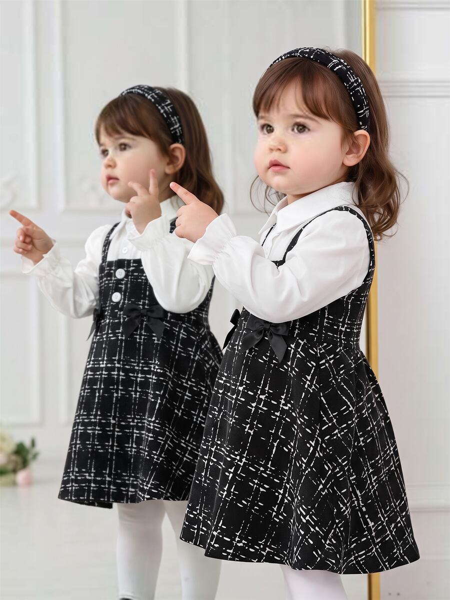 SHEIN 女嬰 2 合 1 拼接蝴蝶結裝飾時尚夏季洋裝 - 黑色 - 查看 1