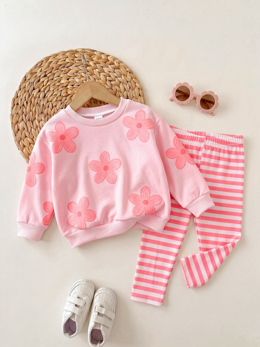 SHEIN Baby Girl Floral Print Long Sleeve Sweatshirt And Striped Long Pants Casual Set - Pink - View 1