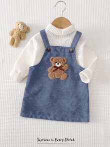 Cozy Pixies Baby Girls Dresses Cute Woven Ribbed Brown Corduroy Pinafore Dress, Adorable Bear Applique Embroidery, Exquisite Detail, Bow Decor, Baby Girl, Suitable For Autumn/Winter, Nordic Style, Mori Style, Cute Style - Dusty Blue - View 4