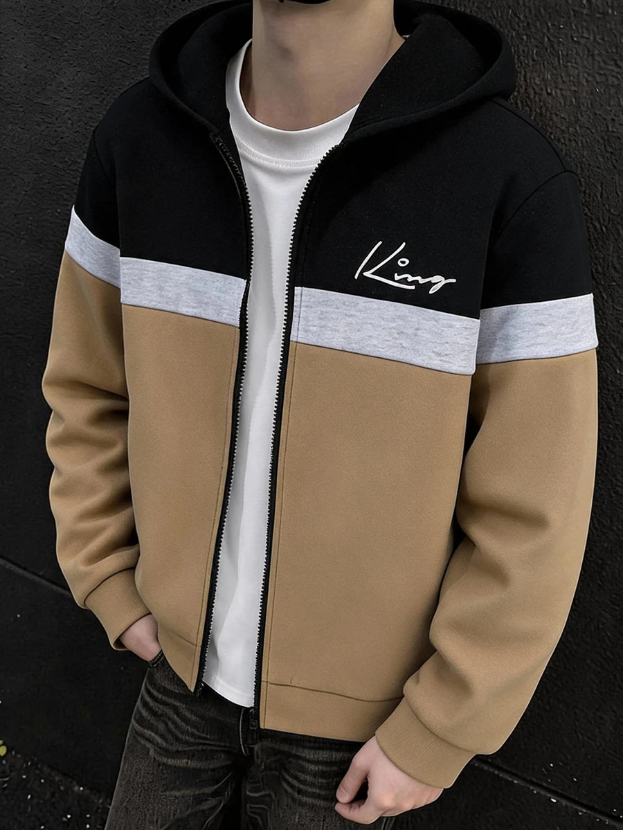 SHEIN 青少年男孩拼色拼接運動衫外套,寬鬆長袖灰色上衣,適合冬季返校穿著 - 彩色 - 查看 1
