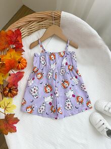 SHEIN 新生女嬰休閒可愛蝴蝶結吊帶連身褲萬聖節 - 淡紫色 - 查看 2