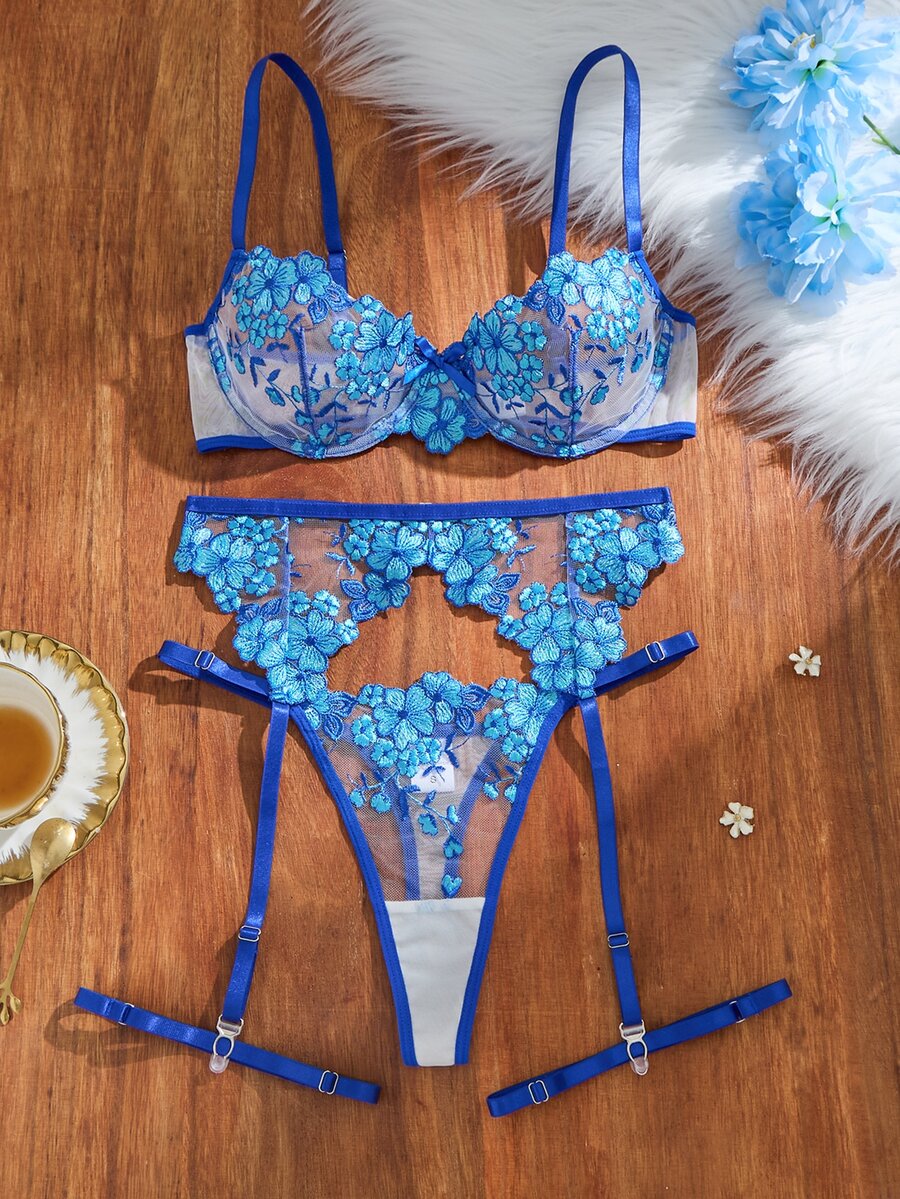 SHEIN 女款性感內衣 藍色 4件套 - 藍色 - 查看 1