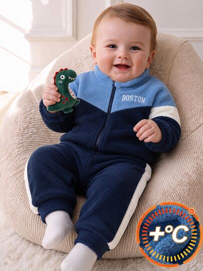 Souflis Souflis Baby Boy Colorblock Fleece Jacket: BOSTON Letter Print Stand Collar Zip-Up Winter Coat Long Sleeve Sports Top