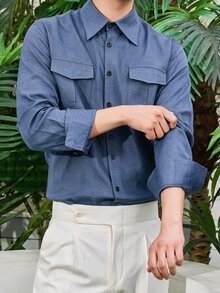 TONEVAULT Men's Solid Color Casual Versatile Daily Wear Shirt - Blue - View 3