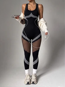 Slayform Women's Striped Patchwork Fishnet Sleeveless Sports Jumpsuit - Black - View 2