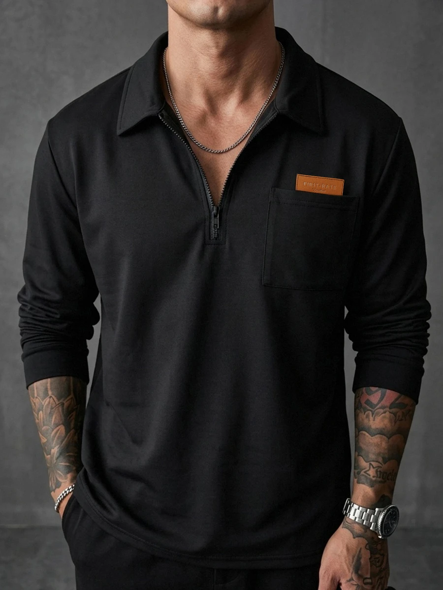 DAZY Vintage Half-Button Lapel Casual Long Sleeve Men's Solid Color Minimalist Polo Shirt - Black - View 1