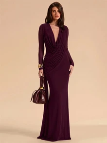 SHEIN BAE Women's Solid Color Pleated Ribbon Design Fishtail Hem Elegant Dress - Red Violet - View 4