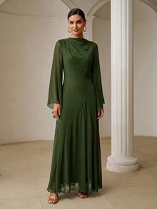 ZEYLAH Asymmetrical Fitted Diagonal Cut Long Dress With Oversized Sleeves, Spring - Army Green - View 5