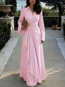 Siren Gaze Women's Striped Collared Waist Metal Decor Patchwork Ruffle Hem Elegant Long Dress - Pink - View 3