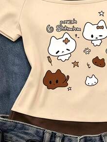 SHEIN Sparklyn 女童動物圖案印花休閒假兩件式單肩細肩帶短袖T恤上衣，舒適春秋日常穿著 - 彩色 - 查看 5