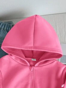 SHEIN 青少年女孩寬鬆休閒極簡舒適日常街頭風連帽修身口袋前開襟拉鍊短版長袖運動衫外套 白色返校穿搭 - 玫紅色 - 查看 4
