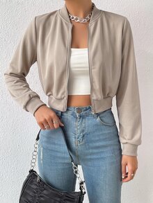 SHEIN EZwear 春季服飾 素色拉鍊短版飛行夾克 - 杏色 - 查看 1