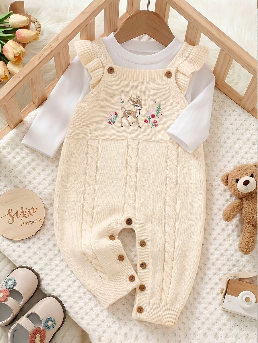 Baby Girl Floral Deer Embroidered Pattern Casual Daily One-Piece Long Autumn Pants - Apricot - View 1