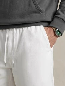 Lornavo Men's Cotton Solid Color Waist Tie Casual Versatile Long Pants Vacation All White Autumn - White - View 5