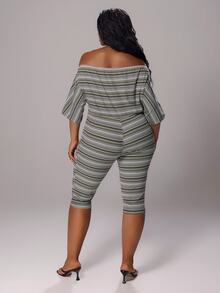 Rustia Plus Size Multi-Color Striped Asymmetric Neck 3/4 Sleeve Fitted Knit Jumpsuit - Multicolor - View 3