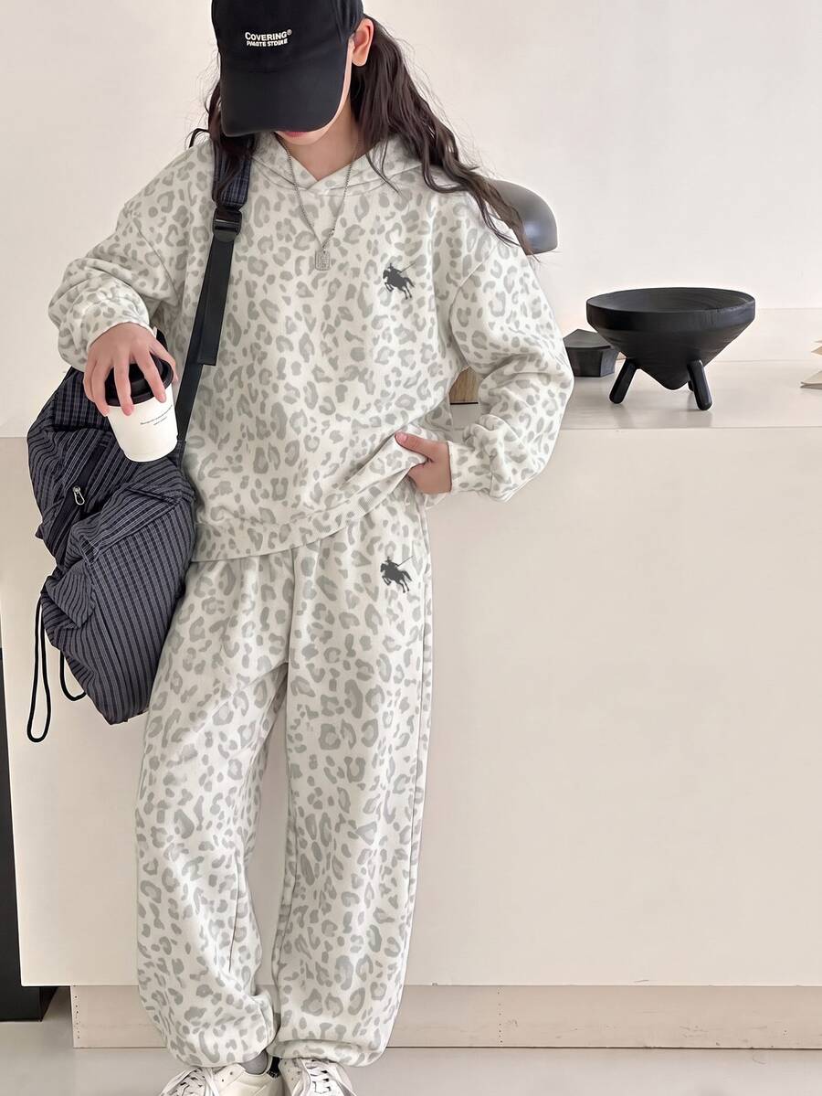 極簡高街風復古時尚灰色調豹紋，青少年女孩休閒舒適寬鬆連帽衛衣與慢跑褲2件套，適合秋冬日常穿著、外出、運動、開學，美式高街女孩甜酷慵懶隨性時尚 - 彩色 - 查看 1