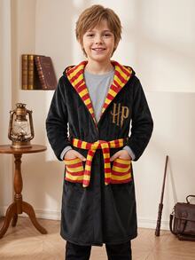 PrepCrw HARRY POTTER X SHEIN Tween Boy Embroidered Striped Kids Colorblock Pocket Hooded Lounge Autumn Jacket - Black - View 3