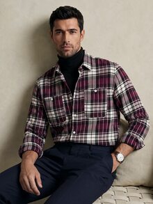 Lornavo Men's Plaid Long Sleeve Single-Breasted Casual Pocket Shirt Work White And Navy Autumn - Dusty Purple - View 8
