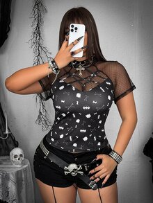 Whyspr BATMAN X SHEIN Plus Size Fashion Sexy Fishnet Patchwork T-Shirt - Black - View 5
