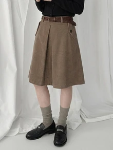 DAZY Rok Wanita Kasual Musim Semi/Gugur Model A-Line Warna Polos Panjang Selutut dengan Lipit dan Kantong, Cocok untuk Liburan Musim Semi/Gugur - Khaki - View 4