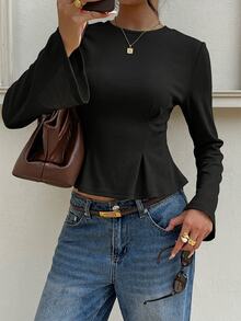 Siren Gaze Solid Color Round Neck Long Sleeve Slim Fit T-Shirt For Women, Autumn New Style - Black - View 3