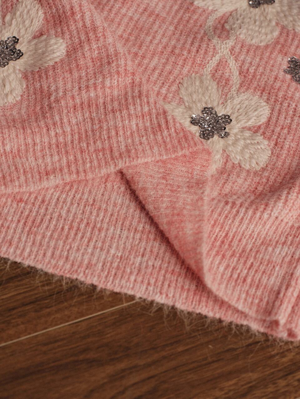 Soft Pink Fluffy Mohair Knit Top, 3D Hand-Crocheted White Flower Sequin Crew Neck Loose Sweater, Women's Autumn/Winter Heavy Embroidery Floral Pullover