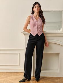 SHEIN Tall 秋冬款純色鈕扣前襟背心西裝外套 - 粉色 - 查看 5