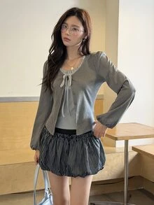 K-Vae Women's Korean Ins Style 2 In 1 Grey Frill Trim Oversized Scoop Neck Tie-Front Knit Cardigan, Contrast Color Drawstring Lantern Sleeve Grey Ribbed Sexy Sweet Girl Slimming T-Shirt - Grey - View 4