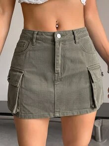 Jeanoix 女款夏季純色工裝牛仔裙 - 軍綠色 - 查看 4