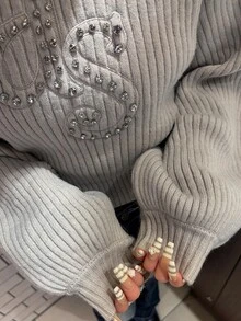 FRIFUL Women's Casual 2000s Rhinestone Decorated Sweater, Autumn/Winter Date School Light Grey Autumn Winter Long Sleeve Tops - Grey - View 9