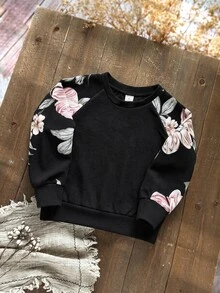 SHEIN 女童花卉印花插肩袖長袖運動衫 優雅花卉袖口 西式大童女裝 秋冬日常戶外校園度假鄉村穿搭 - 黑色 - 查看 3