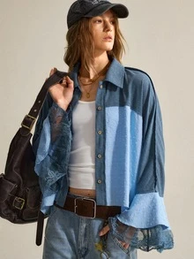 SHEIN Blus Kasual Longgar Lengan Lonceng Lebar Bertekstur Patchwork Kain Bergaris Gaya Bohemian untuk Wanita - MultiWarna - View 4