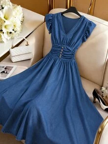 GlowEve CURVE Plus Size Fashion Button-Up Shirred Denim Dress Party Birthday Fall Casual Kawaii Formal Wedding Guest Elegant Date Night - Blue - View 1