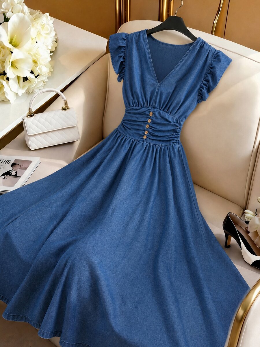 GlowEve CURVE Plus Size Fashion Button-Up Shirred Denim Dress Party Birthday Fall Casual Kawaii Formal Wedding Guest Elegant Date Night - Blue - View 1
