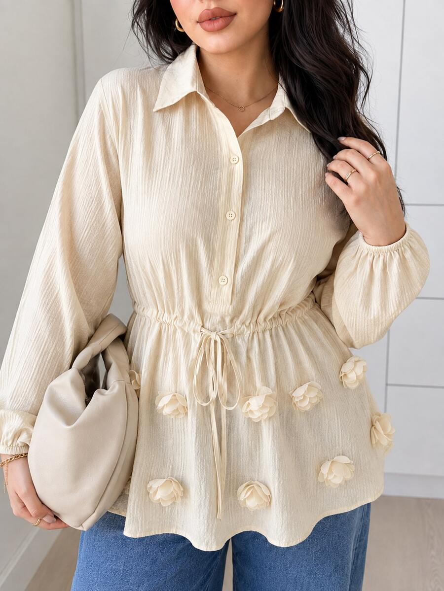 Solavon Plus Size Sweet Button Half-Placket 3D Floral Decor Blouse - Yellow - View 1