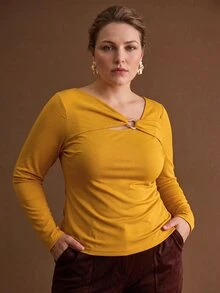 MOTF PREMIUM PLUS SIZE WOMEN'S SPRING/AUTUMN SOLID COLOR ASYMMETRIC TWISTED NECK FITTED T-SHIRT - Yellow - View 3