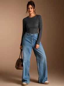 SHEIN BASICS 女款純色修身百搭日常長袖T恤 工作穿搭 炭灰色 秋冬休閒 - 黑色 - 查看 4