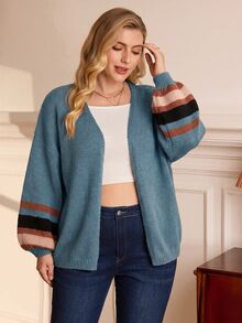 EMERY ROSE Cardigan de punto a rayas de bloques de color para vacaciones de talla grande - Neblina azul - Ver 3