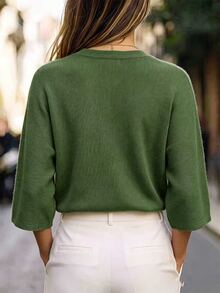 RosyDaze Sweater Rajut Wanita Model Vintage Prancis Longgar Leher V Lengan 3/4 Kancing Depan Warna Aprikot untuk Musim Semi/Gugur - Hijau Tentara - View 2