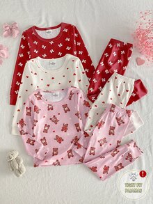 SHEIN 女童長袖上衣與長褲修身居家服套裝，蝴蝶結、愛心與熊圖案設計，柔軟親膚面料，適合睡衣 - 彩色 - 查看 2