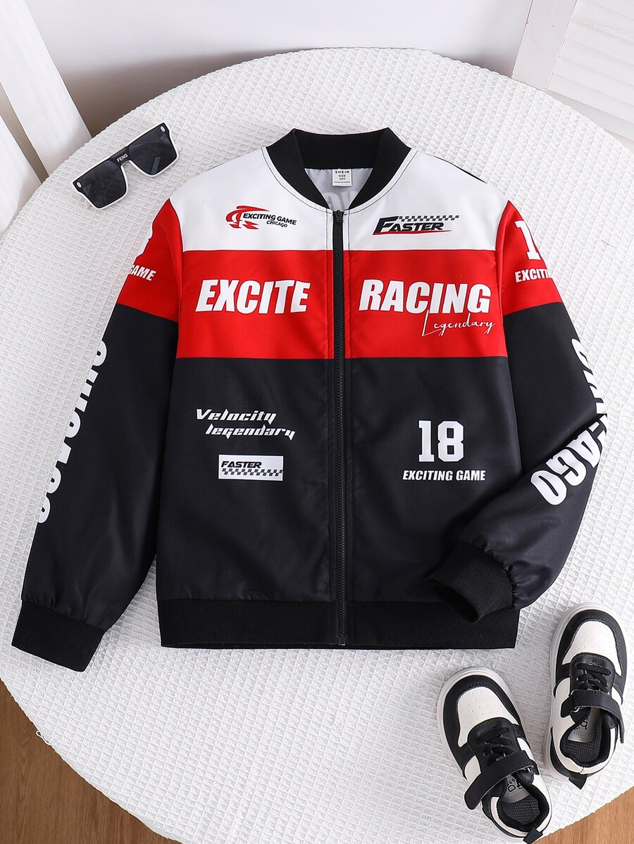 SHEIN Tween Boy Autumn/Winter Casual Streetwear Racing Baseball Jacket - Multicolor - View 1
