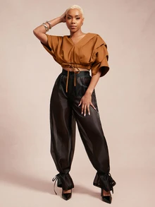 Vixey Solid Woven Pleated Structured Sleeve Drawstring Waist Top - Redwood - View 3