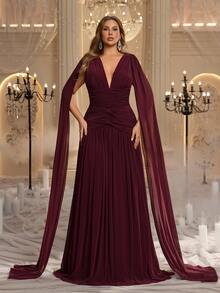 Glamrae Plus Size Elegant Luxurious Angora Red V-Neck Flutter Sleeve Ruched Twist A-Line Evening Gown, Suitable For Evening Party, Date, Vacation, Wedding, Event, Guest Dress - Burgundy - View 1
