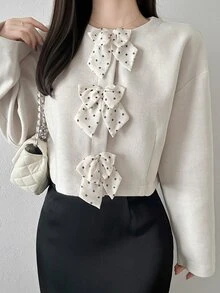 FRIFUL Women's Sweet Bow Decor Long Sleeve Overcoat Fall - White - View 3